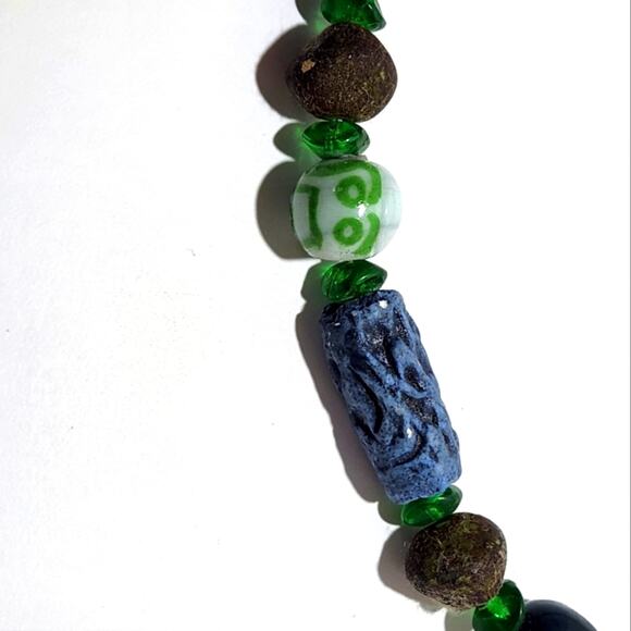 Tibetan Ceramic Green and Blue Glass & Terracotta Clay Beaded Necklace - Picture 4 of 8